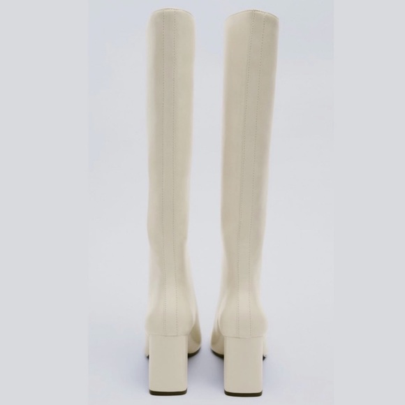 ZARA Off White Cream Knee High Heeled Leather Boots - Picture 3 of 16